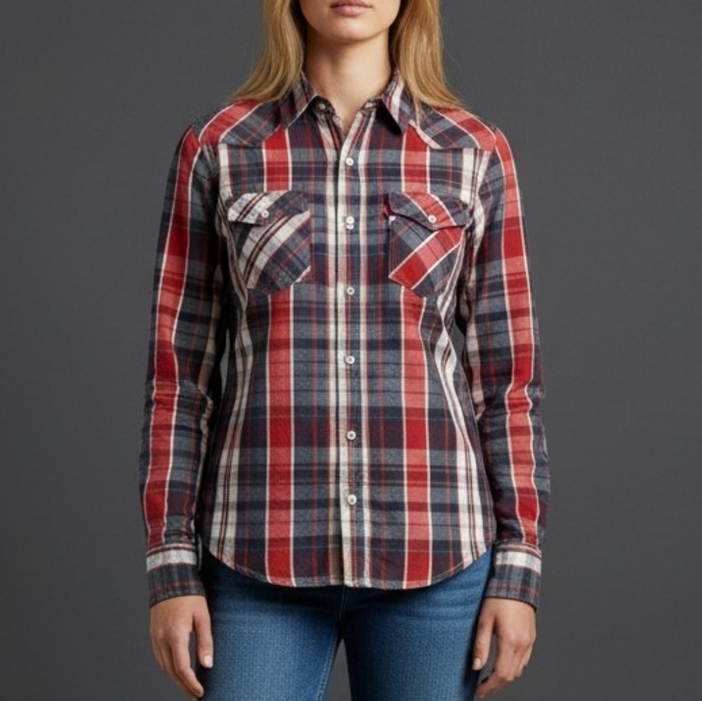 Vtg LEVI'S Pearl Snap Button Down Plaid Western Grunge Shirt